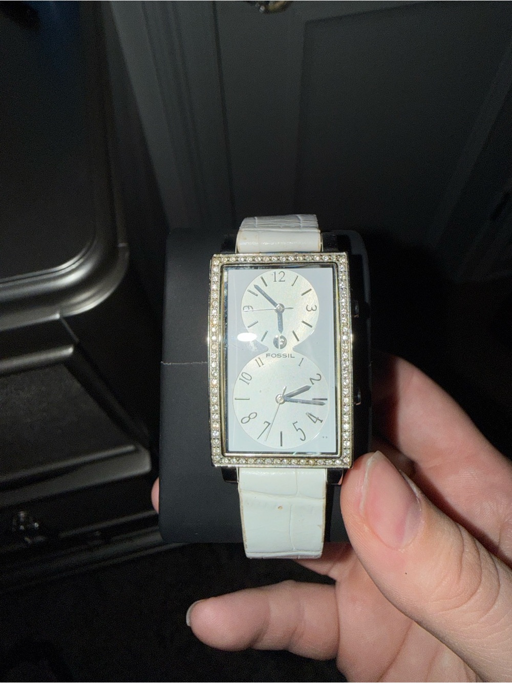 Fossil Vintage White Dual-Time Crystal Bezel Rectangular Watch